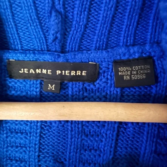 Jeanne Pierre Bright Blue Fisherman Cable Knit Shawl Collar Sweater 100% Cotton - Picture 2 of 4